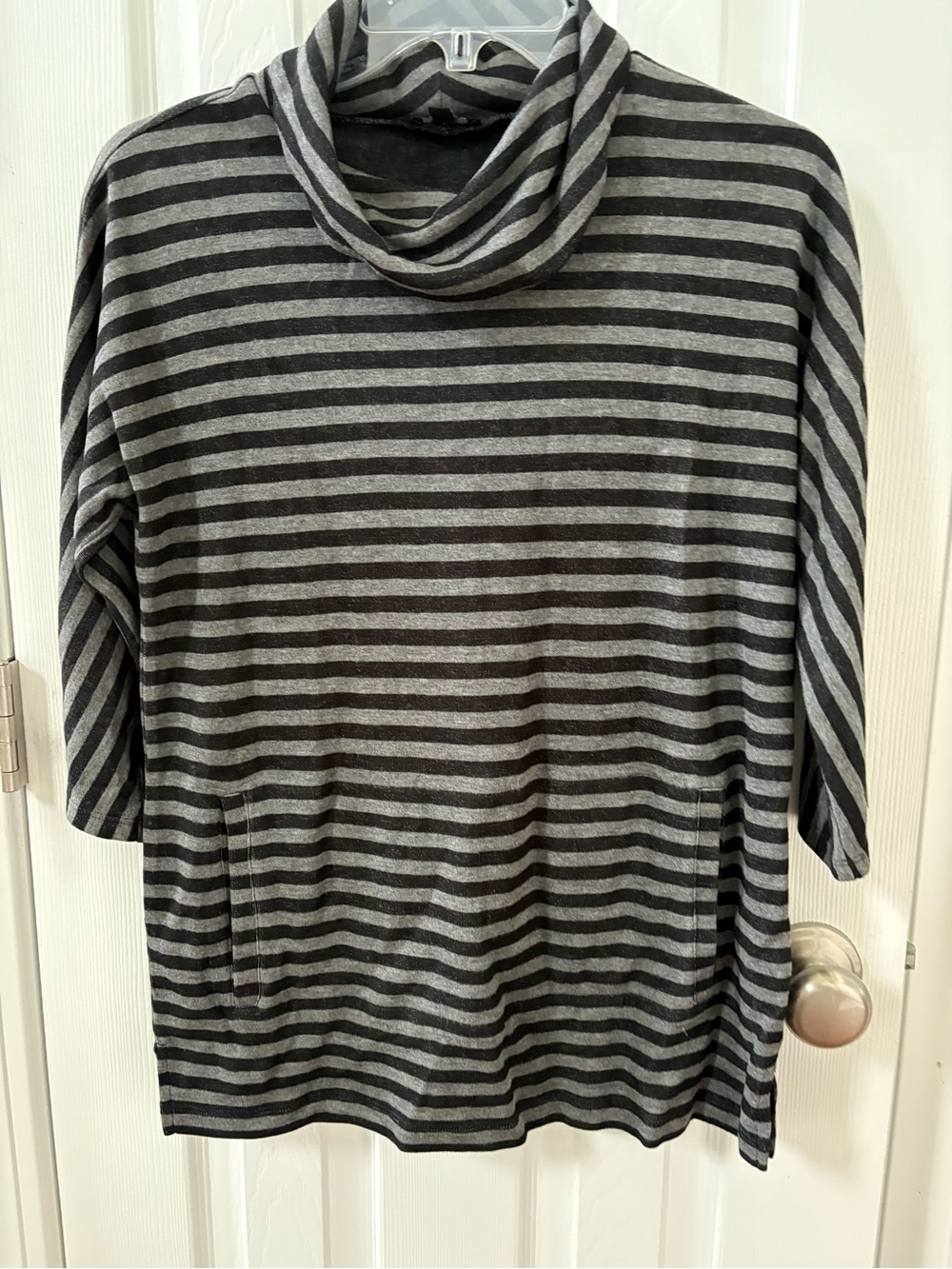 Talbots Striped Cowl Neck Top in Black and Gray
